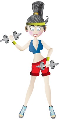 A cartoon woman wearing fitness gear and working out with dumbbells.