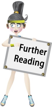 A cartoon woman in fitness gear, holding a further reading sign.