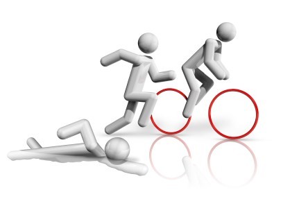 A collection of 3D cartoon characters participating in a triathalon.