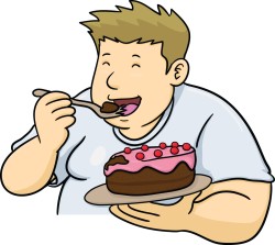 A tubby cartoon man eating cake.