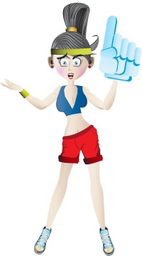 A cartoon woman in fitness gear, wearing a novelty glove.