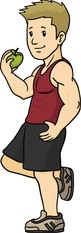 A cartoon man eating an apple.