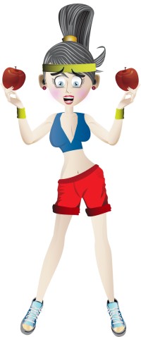A woman in fitness gear holding a red apple in each hand.