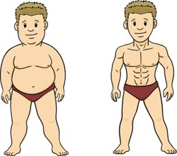 A fat cartoon man and a muscular cartoon man standing next to each other.
