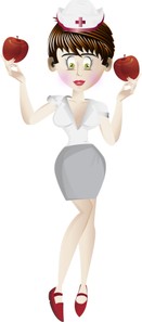 A cartoon nurse holding a red apple in each hand.