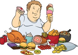A fat cartoon man feasting on junk food.