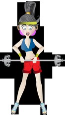 A cartoon woman in blue and red fitness gear holding a barbell.