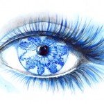 An illustration of an eye containing a snowflake.